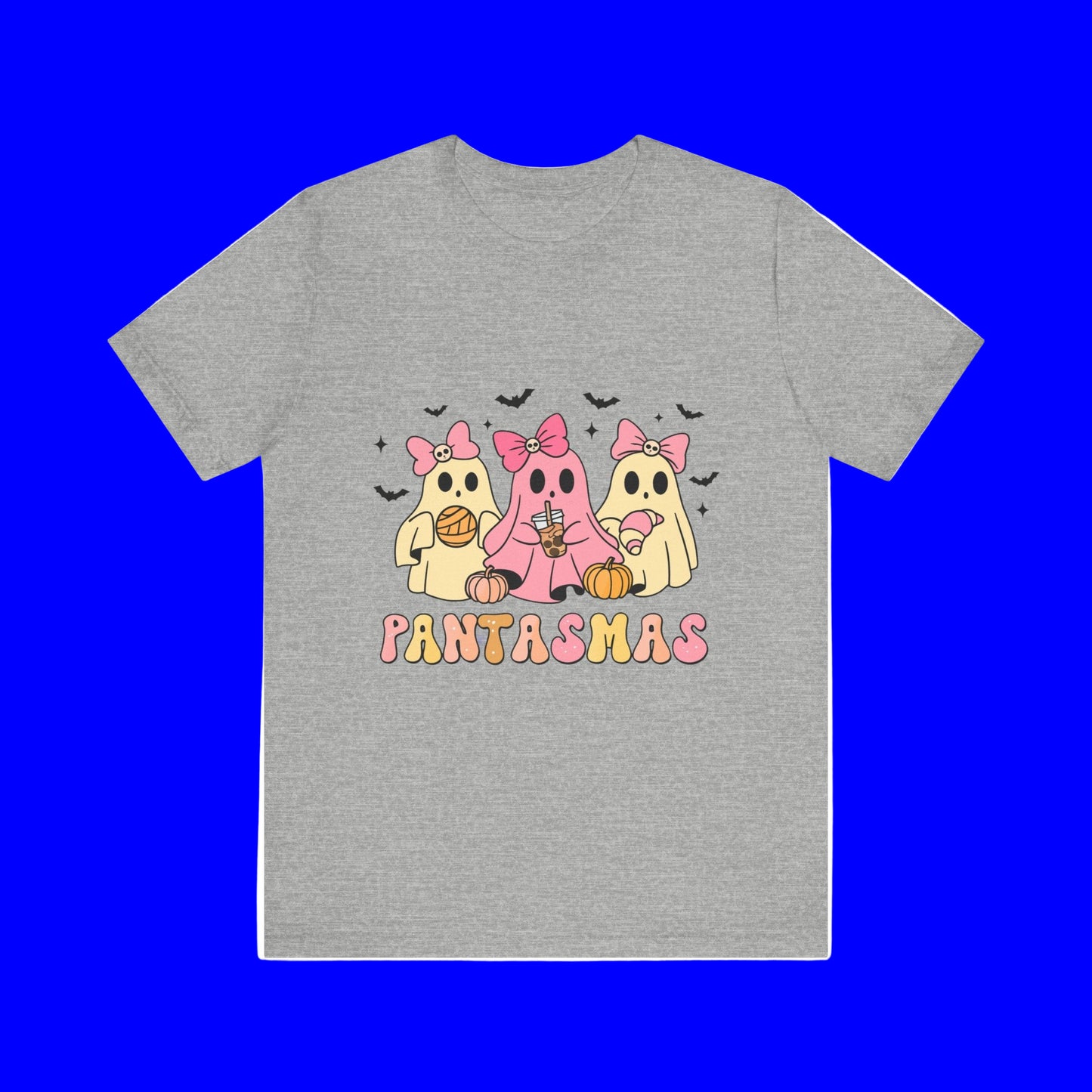 Gray t-shirt with cartoon ghosts and 'Pantasmas' text on a white background