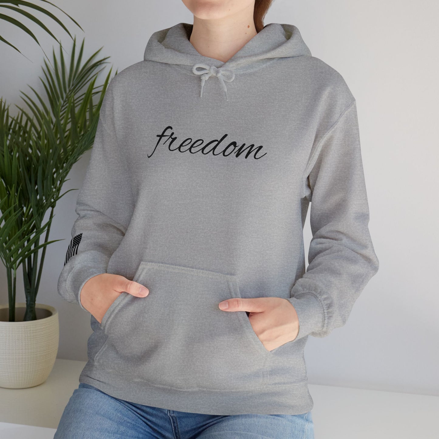 Freedom Embroidered Hoodie with USA Flag on Sleeve