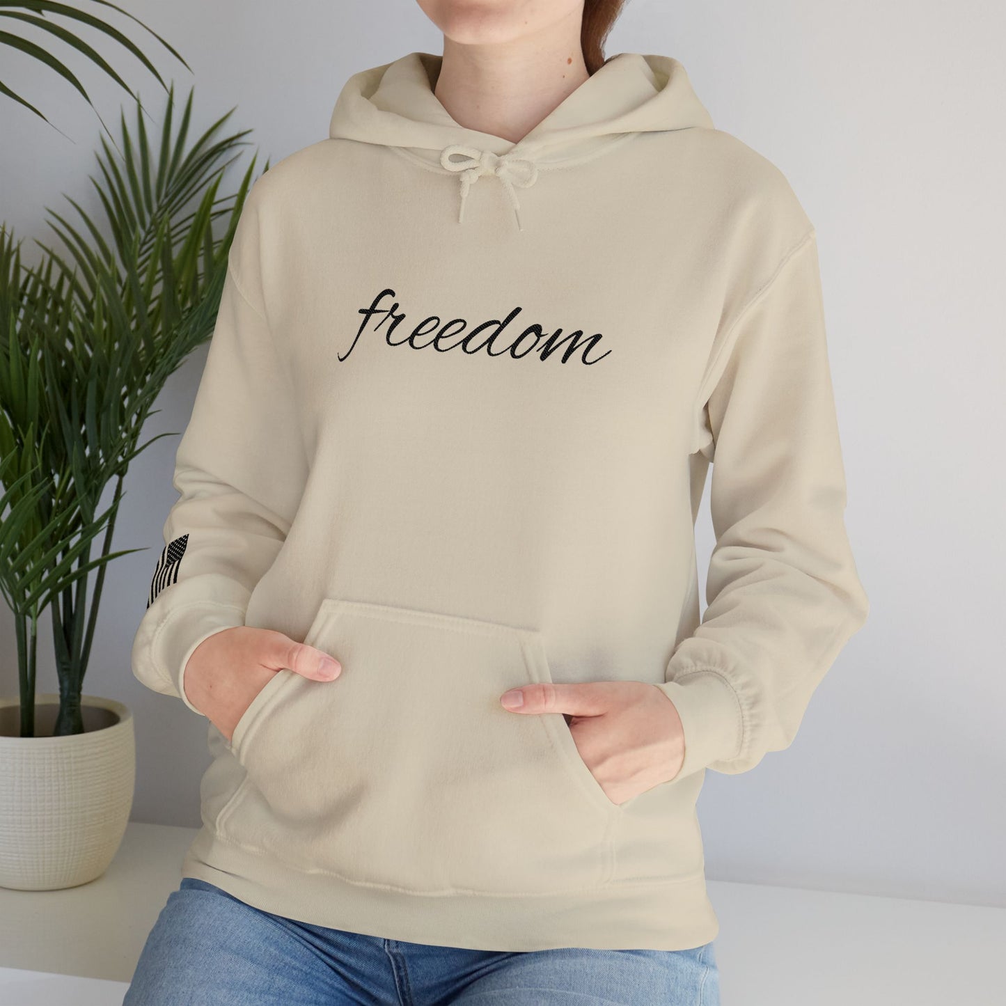 Freedom Embroidered Hoodie with USA Flag on Sleeve