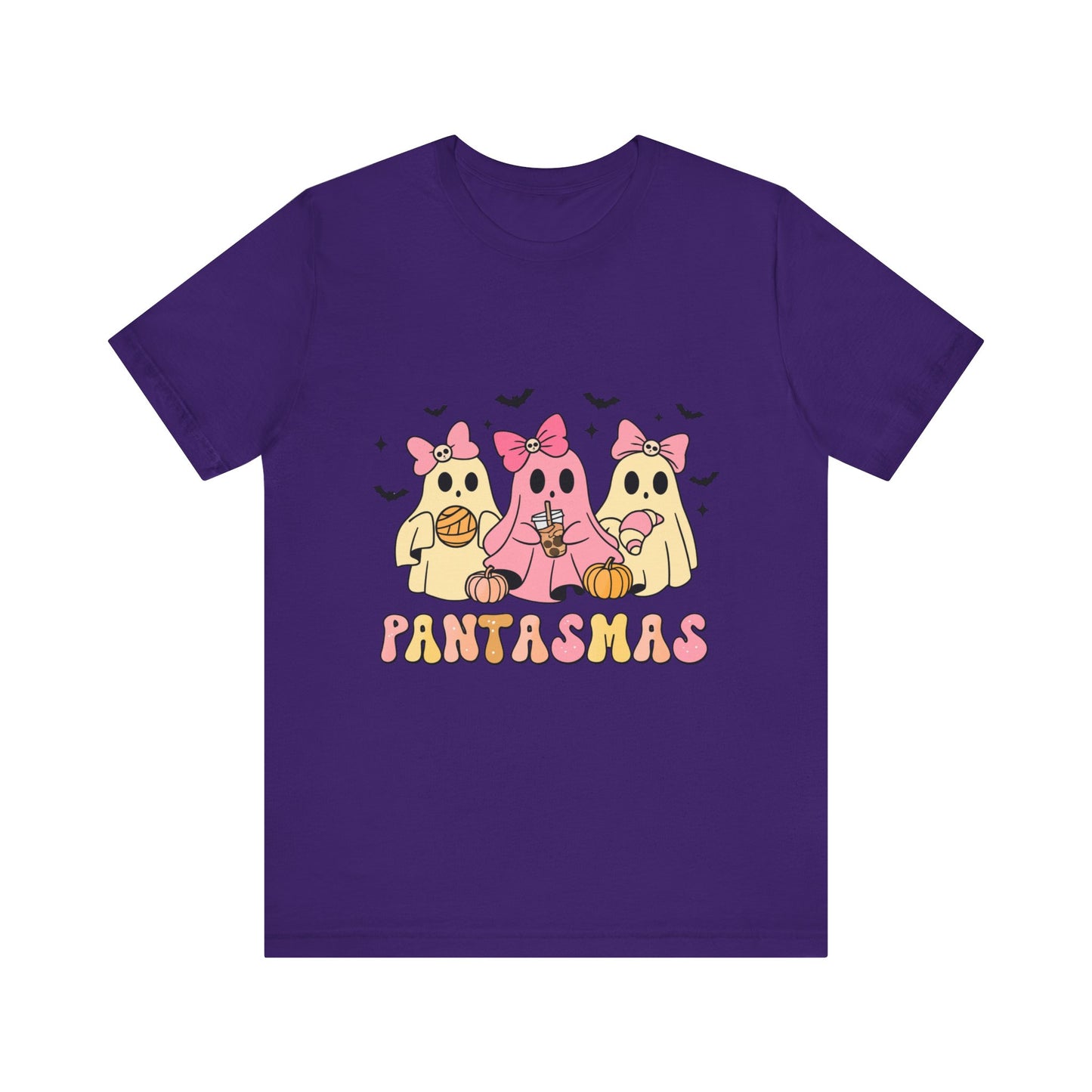 Purple t-shirt with cartoon ghosts and 'Pantasmas' text on a white background