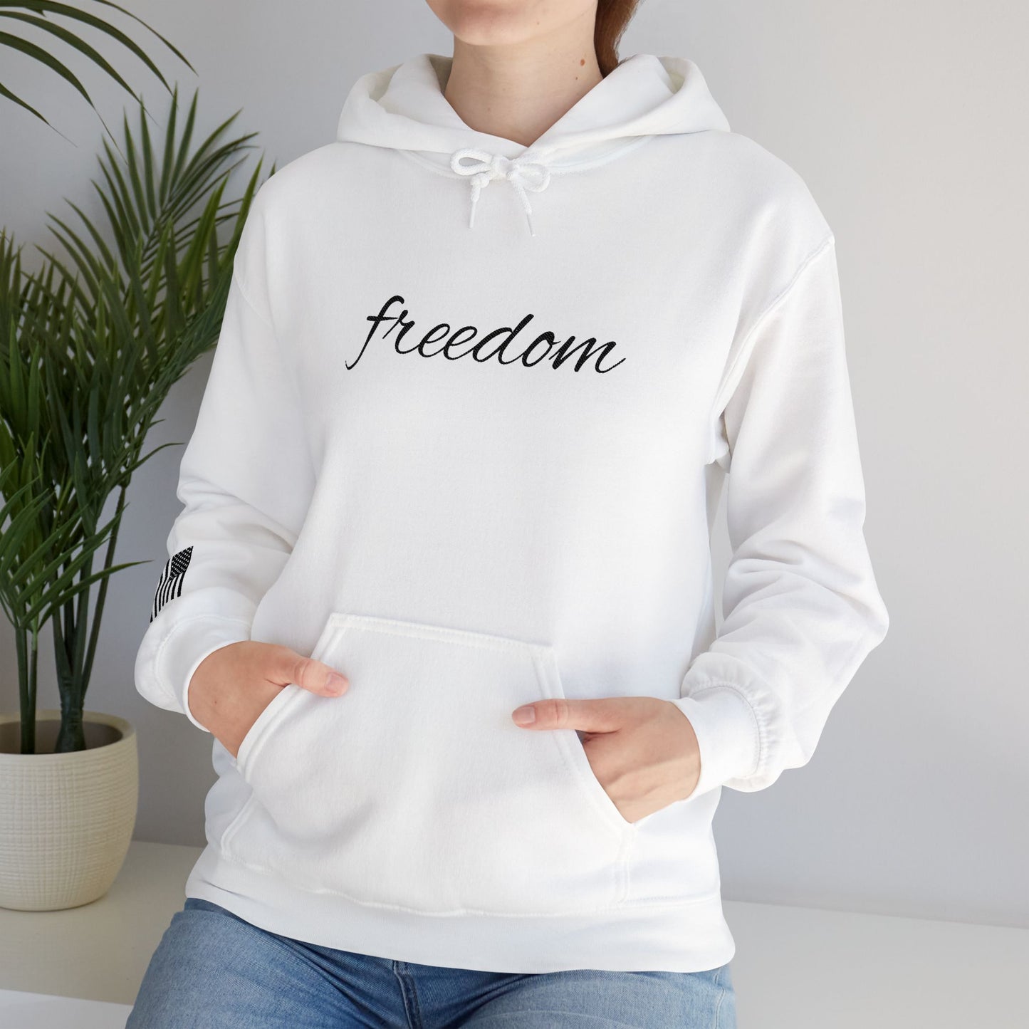 Freedom Embroidered Hoodie with USA Flag on Sleeve