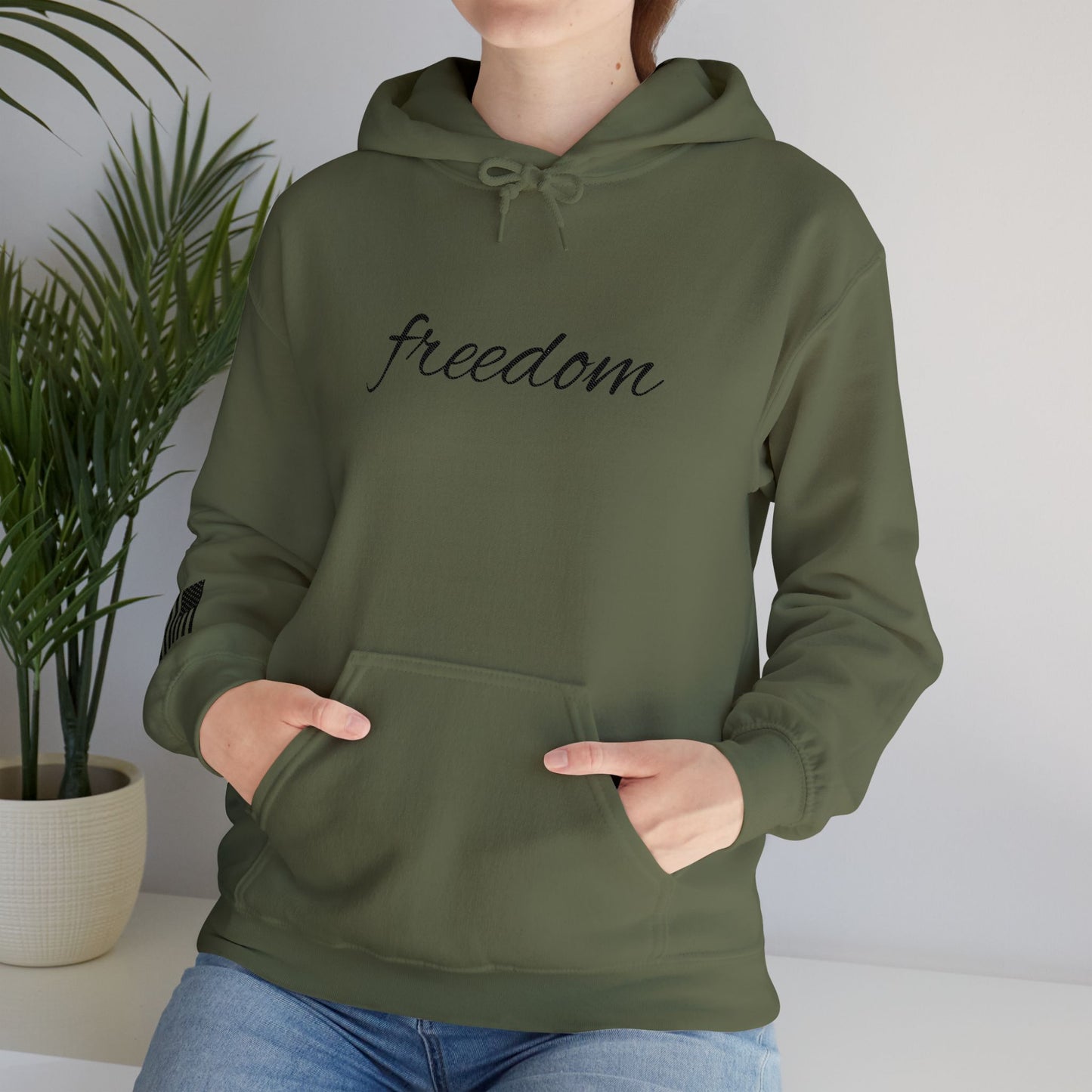 Freedom Embroidered Hoodie with USA Flag on Sleeve