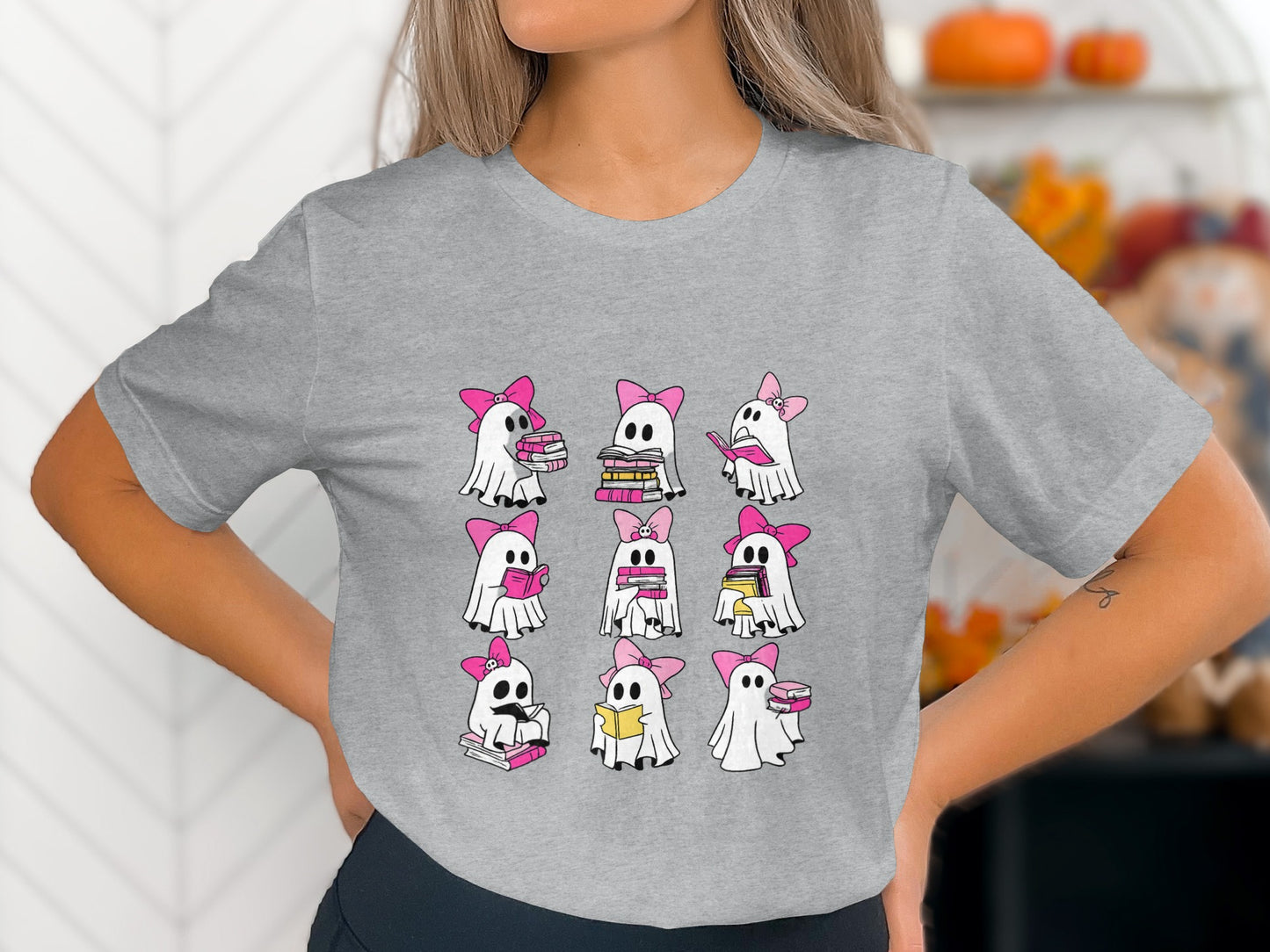 Cute Ghosts and Pug Motif Grey T Shirt product type