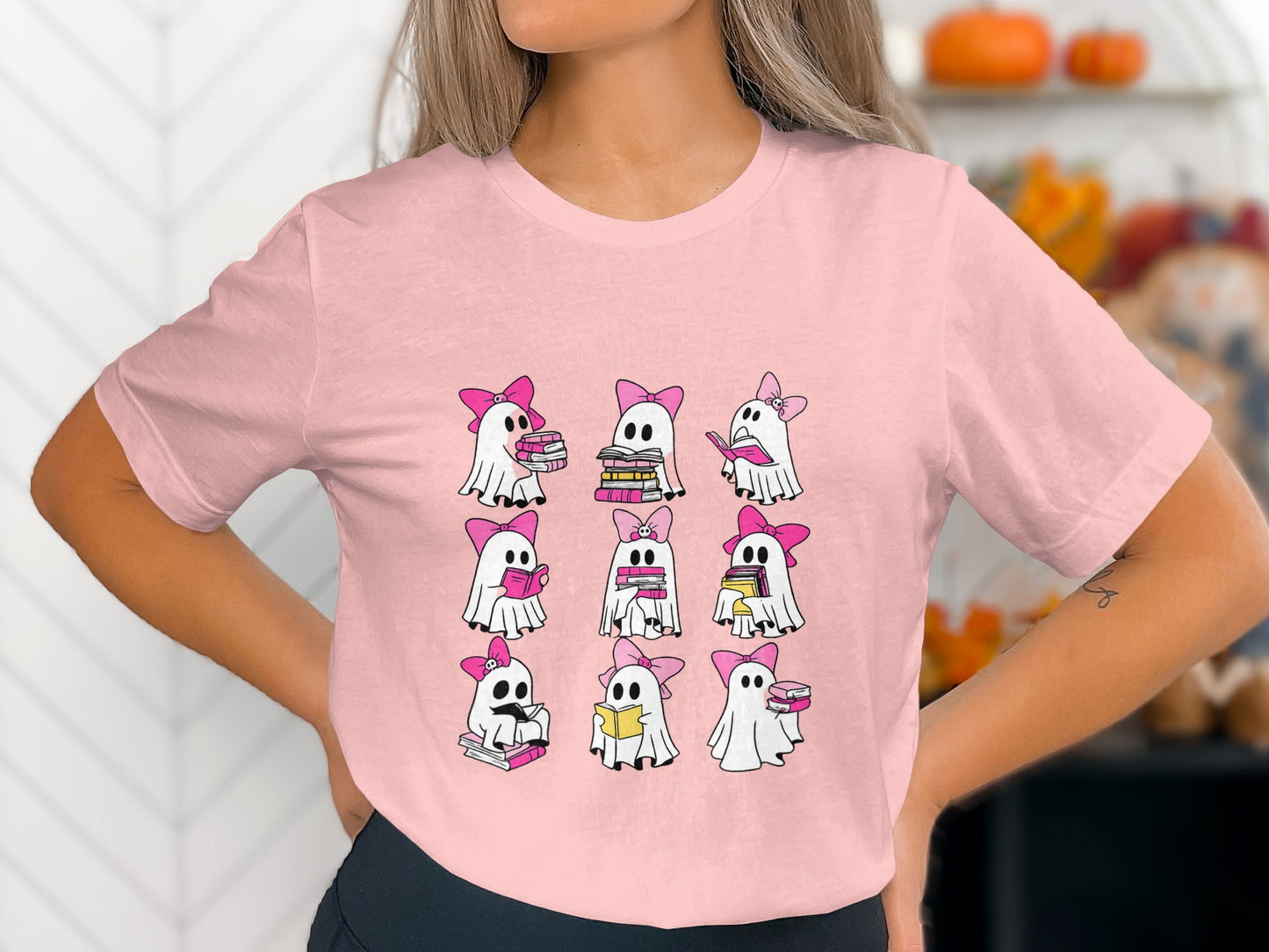 Cute Ghost Dogs Holding Books Pink Collage T-Shirt product type